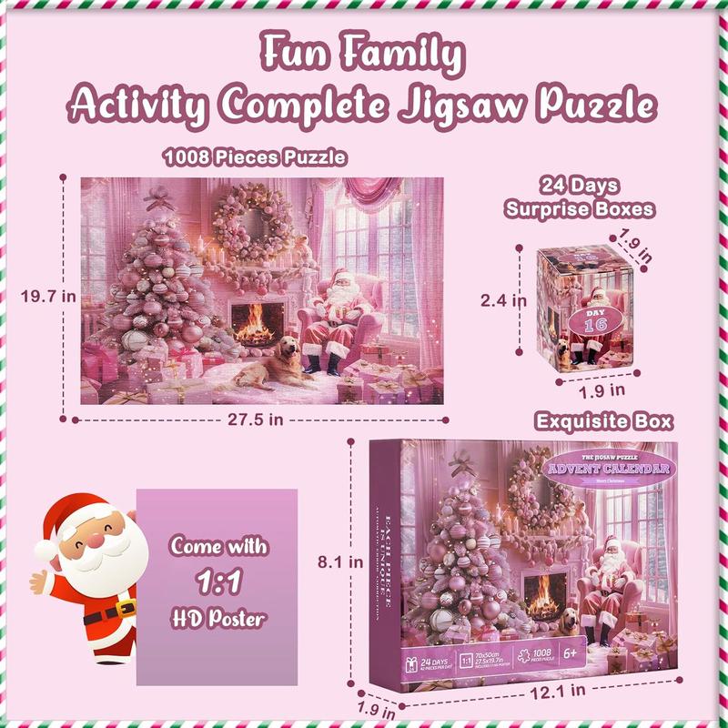 Puzzle Advent Calendar 2024,1008 Pieces Pink Christmas Jigsaw Puzzles,24 Days Puzzle Countdown Calendar Gift for Kids & Adults,Fun Christmas Holiday Gift for Girls,Boys,Teens,Family