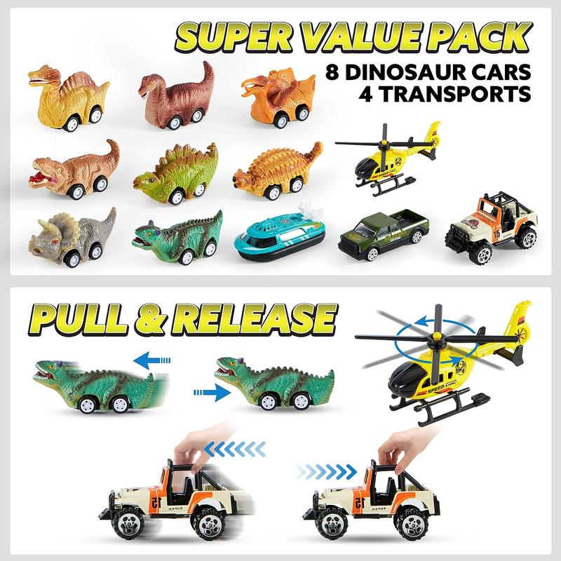 Christmas 2024 Gifts  13Pcs Dinosaur Transport Carrier Truck with Mini Dinosaur Car Set Helicopter