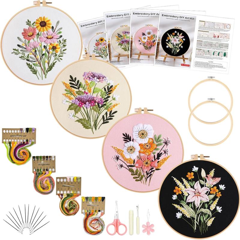 Picoey Flower Embroidery Kit for Beginners with Pattern and Instructions,4 Pack Cross Stitch Kits,2 Wooden Embroidery Hoops,Threads and Needles,Needlepoint Kit for Adults