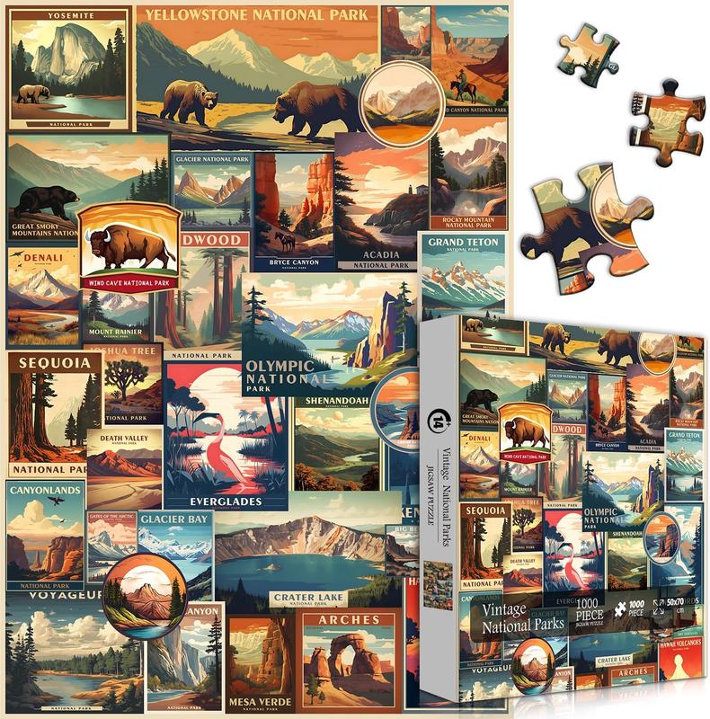 Vintage National Parks Puzzle for Adults 1000 count, Travel Poster Landscape Puzzle Including Yellowstone Zion Acadia Yosemite, Nature Jigsaw Puzzles Scenery Mountain Scene