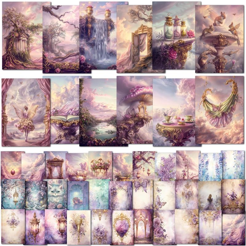 Fantasy Landscape Pattern Decorative Sticker & Greeting Card, 12pcs Retro Card & 32pcs Stickers, DIY Crafts Supplies for Scrapbooking, Journaling, Gift Wrapping