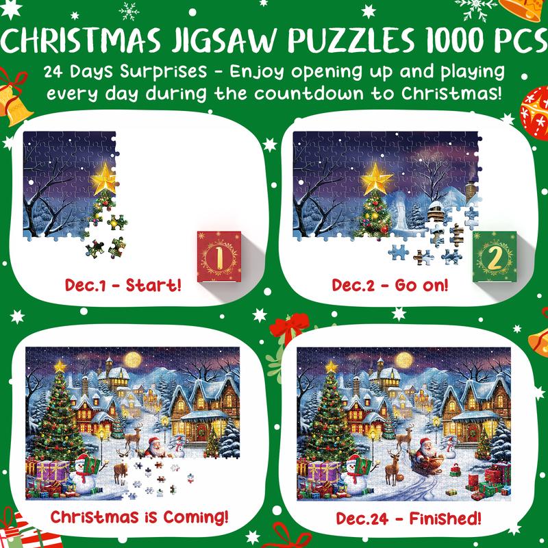 Advent Calendar Puzzle 2024 - 1000 Pieces Christmas Jigsaw Puzzle, Christmas Countdown Calendar Family Game Holiday Gift, 24-Day Surprise Countdown for Boys Girls Women Men Christmas Gifts