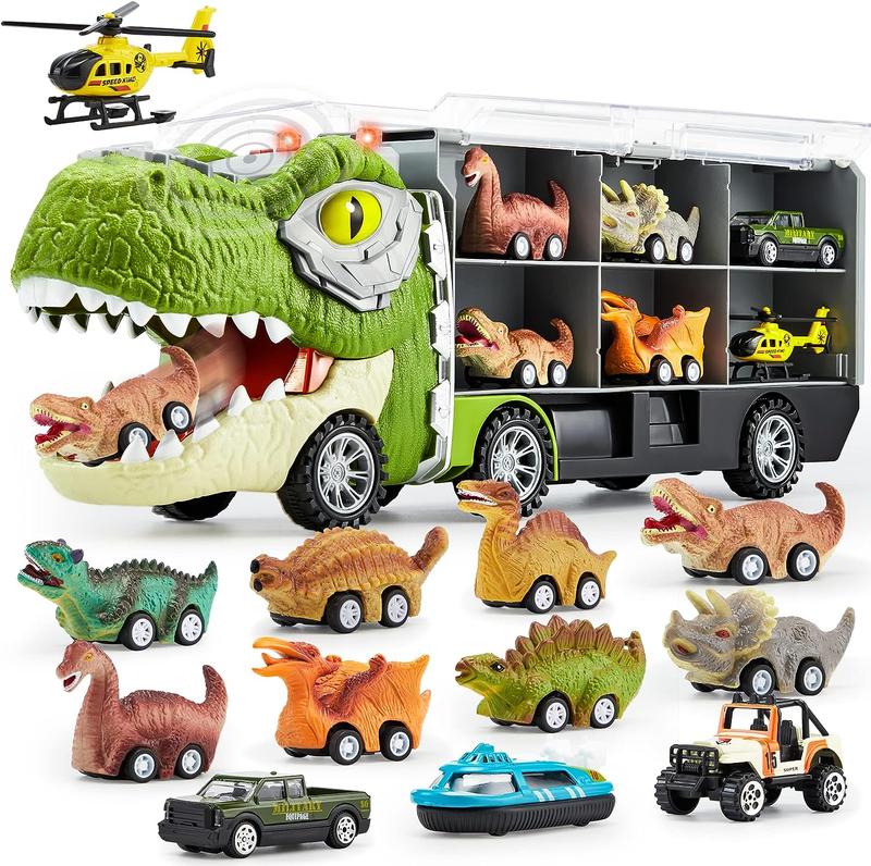 Christmas 2024 Gifts  13Pcs Dinosaur Transport Carrier Truck with Mini Dinosaur Car Set Helicopter