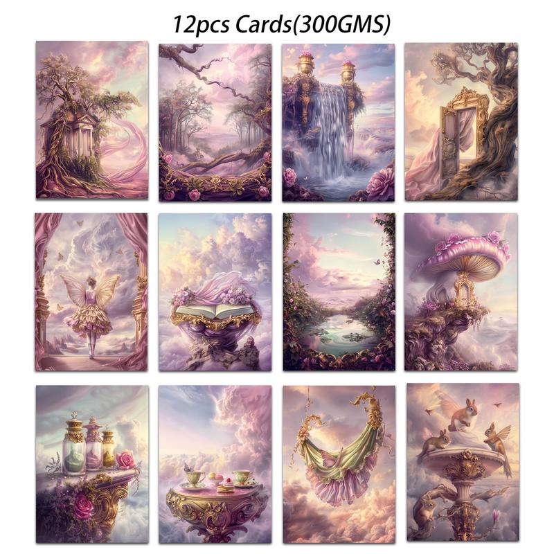 Fantasy Landscape Pattern Decorative Sticker & Greeting Card, 12pcs Retro Card & 32pcs Stickers, DIY Crafts Supplies for Scrapbooking, Journaling, Gift Wrapping