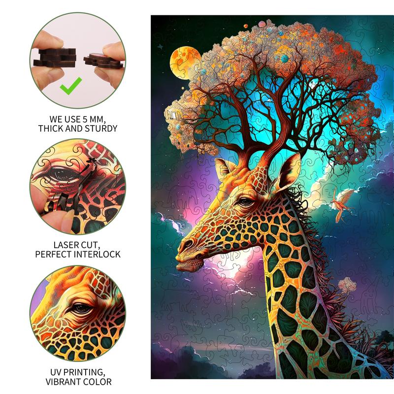 Mys Aurora Wooden Jigsaw Puzzle for Kids and Adults Thinking Giraffe 200 300 Pcs Unique Shape Nice Box Packing Fun Challenging Brain Exercise Family Game Creative Gift for Friends Parents Grandparents Multicoloured