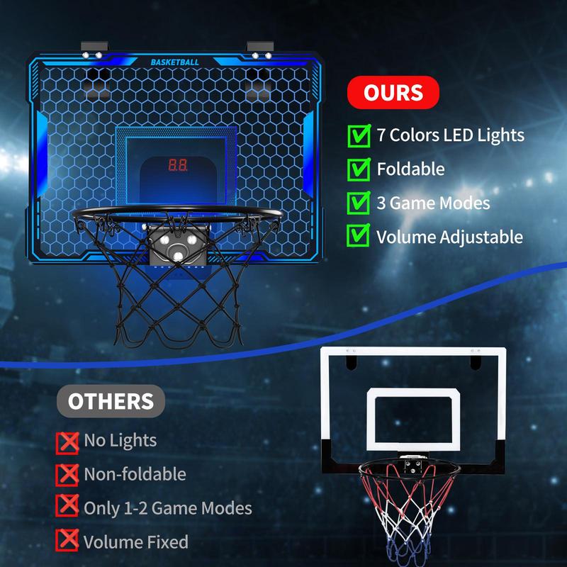 7 Changing LED Lights Basketball Hoop Toy, 1 Set Indoor Outdoor Basketball Hoop Toy with Balls & Accessories, Basketball Toy Gift for Boys & Girls