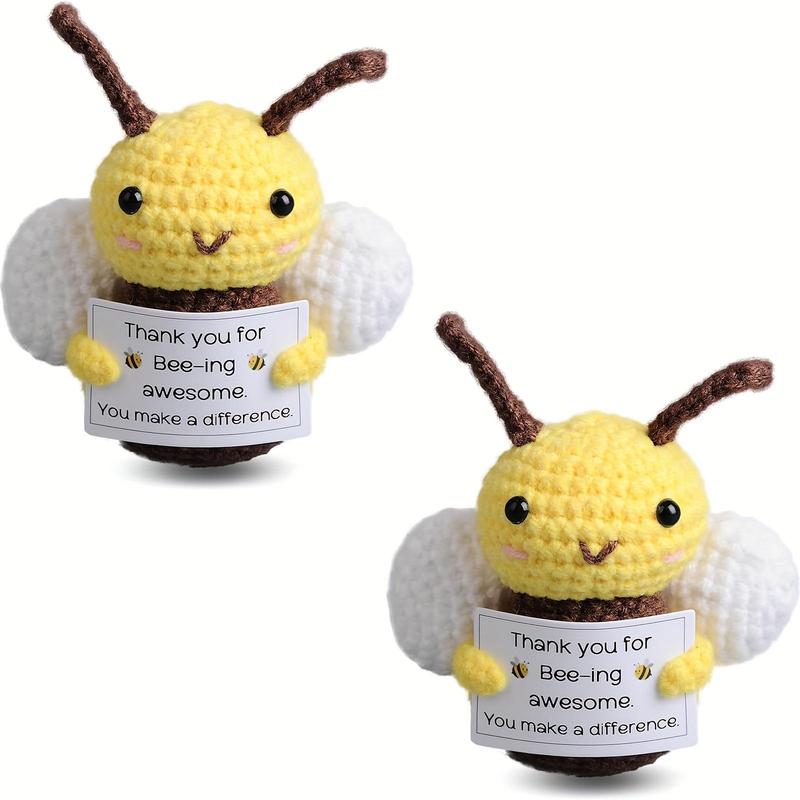 Cute Funny Crochet Bee Doll, 2 Counts Creative Flying Design Knitted Mini Bee Animal with Emotional Support Card, Birthday Gift, Party Gift, Christmas Gift