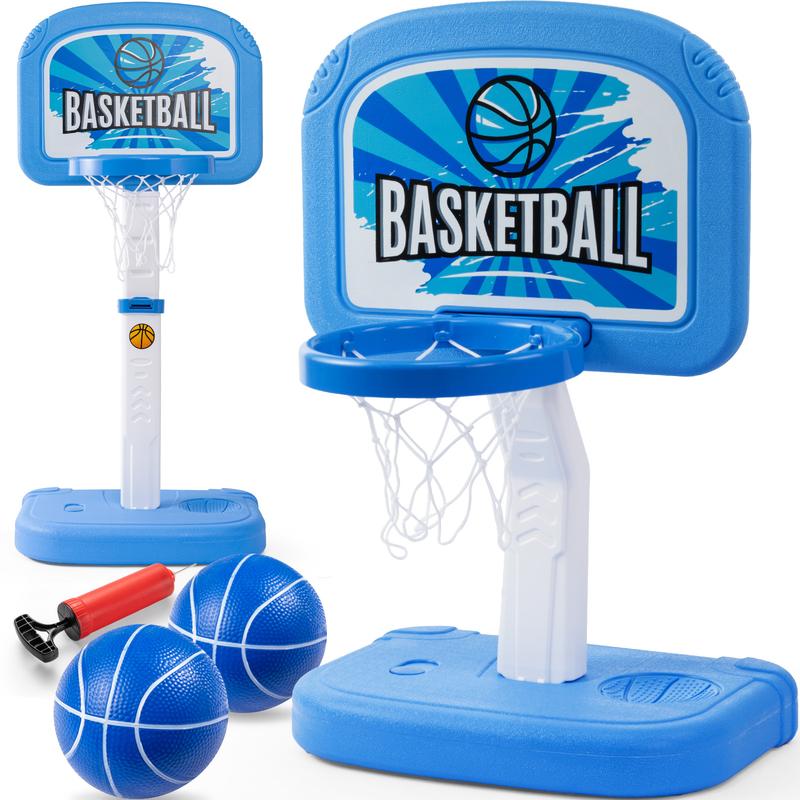 Geyiie Easy Score Basketball Set Blue 4 Balls 2 in 1 Toddler Basketballs Hoop Indoor and Pool Basketball Hoop Poolside Outdoor- Adjustable Height 2.1-3.3ft Sport Toys Gifts for Kids Boys Girls Age 1-3