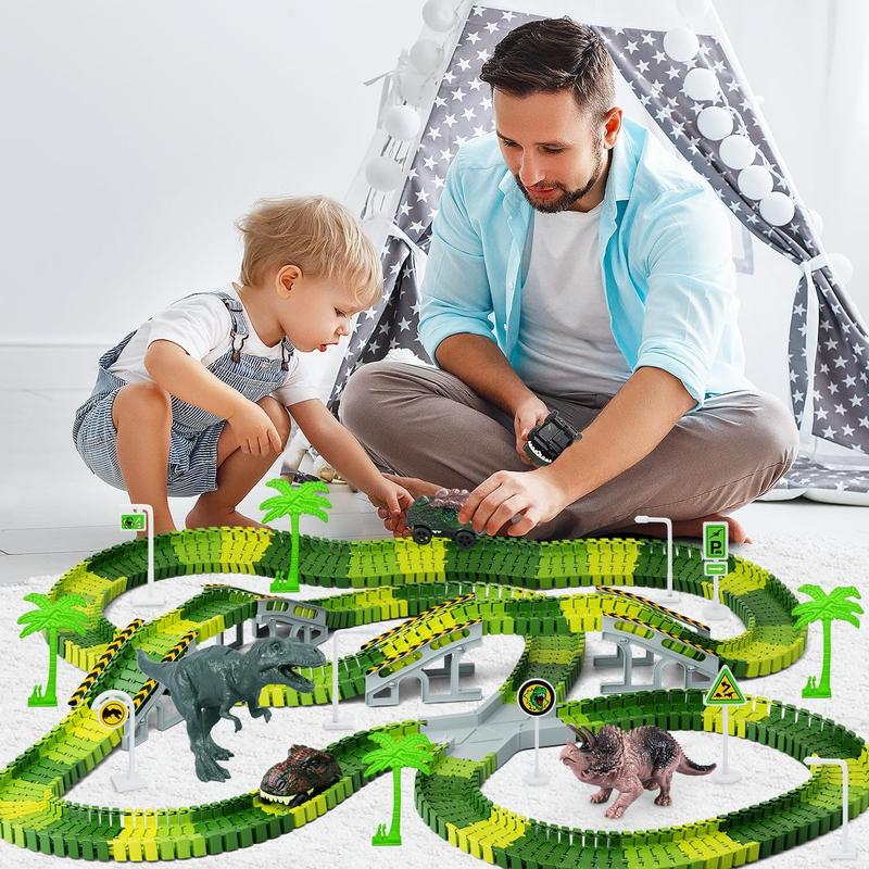 Dinosaur Toys, 252 PCS Create A Dinosaur World Road Race Tracks, Flexible Track Playset, 2pcs Dinosaur Car for 3 4 5 6 Year Old Boys Girls Birthday Party Favor Gift