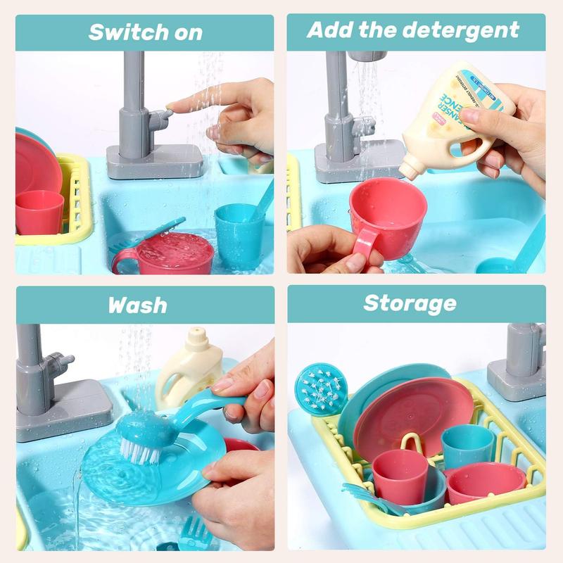 CUTE STONE Color Changing Kitchen Sink Toys Heat Sensitive Electric Dishwasher Playing Toy with Running Water, Automatic Water Cycle System