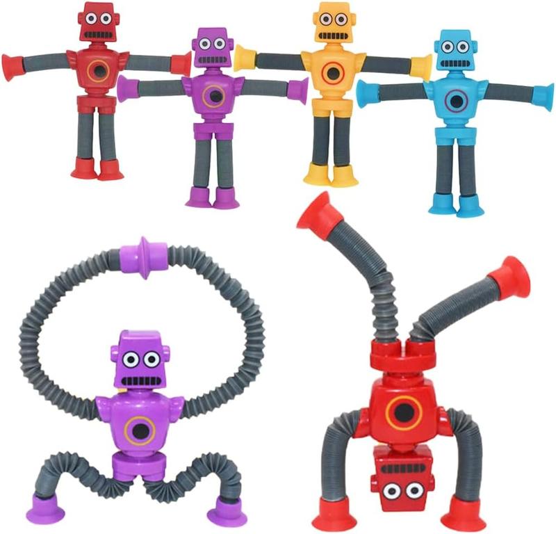 4 Pieces Telescopic Suction Cup Robot Toy, Pop Tubes Fidget Toys, Party Favors Fidget Tubes Sensory Toys Funny Gift for Girls Boys