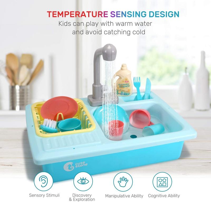 CUTE STONE Color Changing Kitchen Sink Toys Heat Sensitive Electric Dishwasher Playing Toy with Running Water, Automatic Water Cycle System