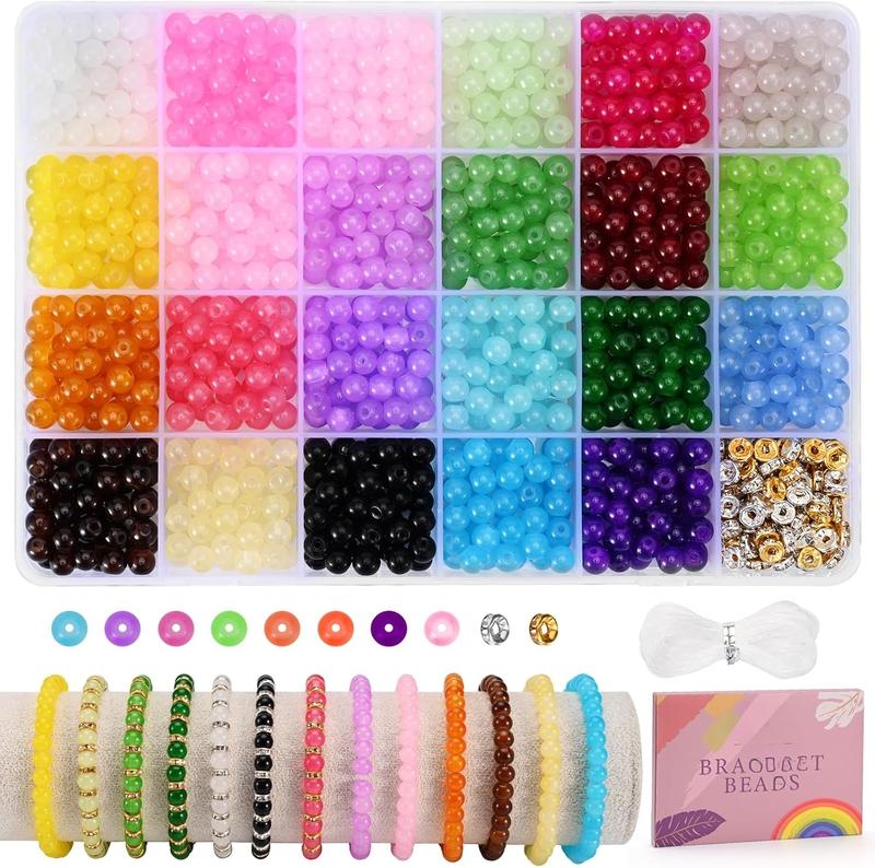 1100 count 6mm Glass Beads for  Making, 24 Vibrant Colors Crystal Round Glass Beads for Bracelets, Complete Bracelet Making Sets for Girls DIY Crafts & Friendship Bracelets