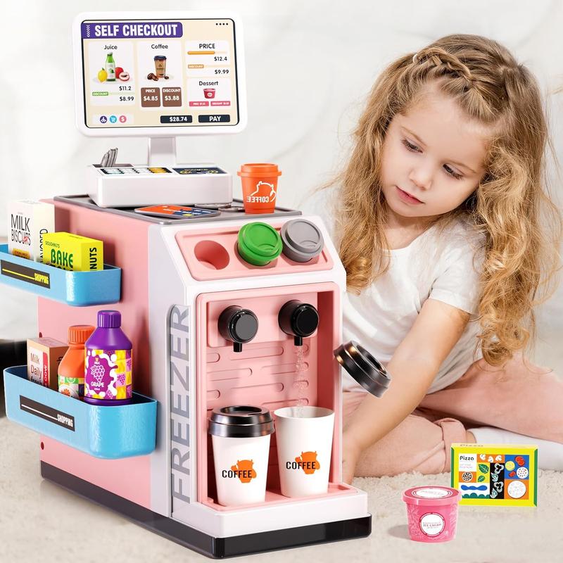 48-Piece Pretend Play Cash Register Toy Set with Water Outlet Function - Calculator, Shopping Bag, Scanners, Credit Cards, Coffee Machine, Play Food - Gift for Boys and Girls Ages 3+（Pink）