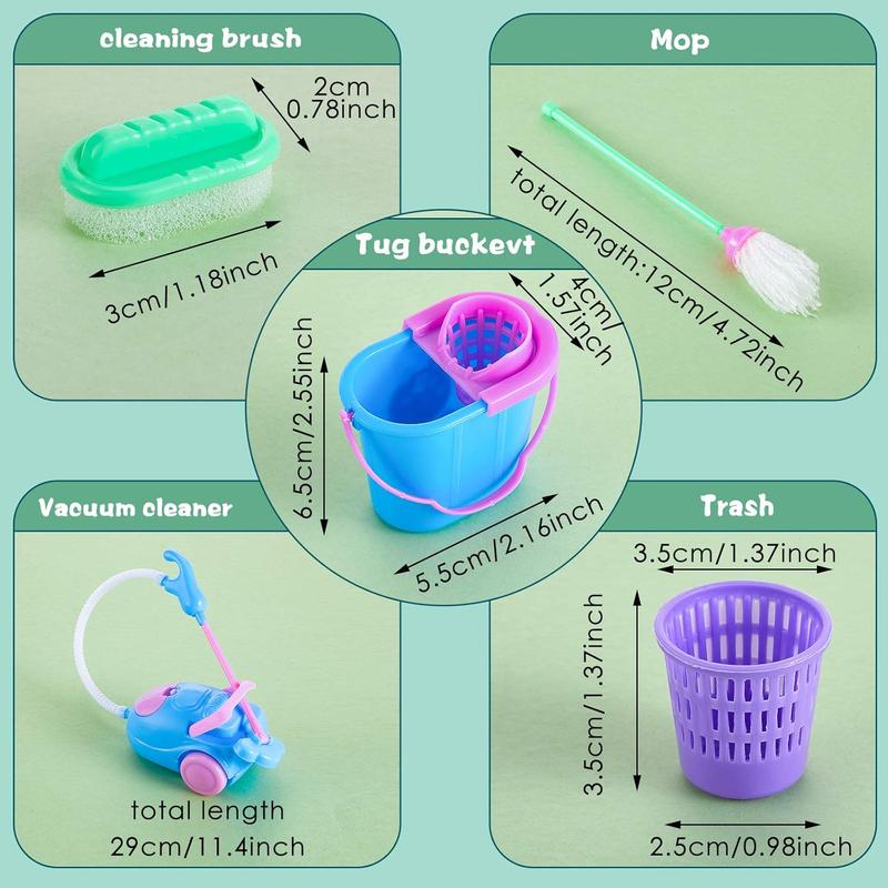 18 Pieces  mini cleaning toys, including miniature mop, dustpan, bucket and brush, suitable for children's play, as children's house furniture garden accessories toys. Toys for boys and girls