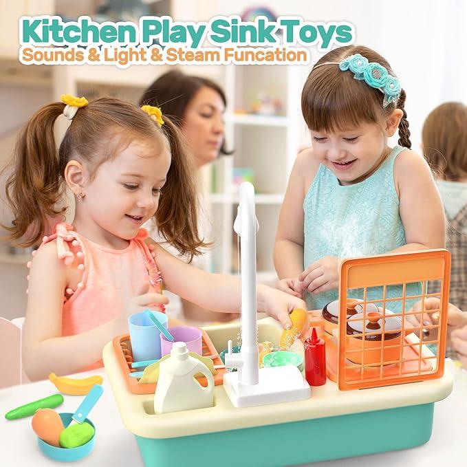 Play Kitchen Sink Toy, Green Electric Dishwasher Playing Toy with Running Water,Play Food & Tableware Accessories, Kitchen Set Toys, Role Play Sink Set