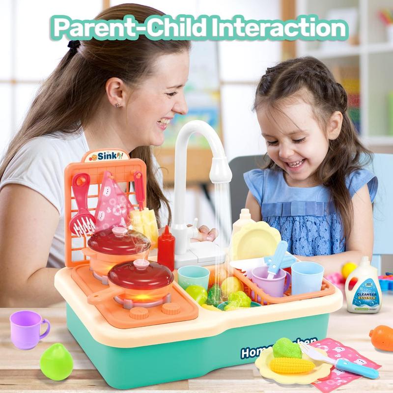 Play Kitchen Sink Toy, Green Electric Dishwasher Playing Toy with Running Water,Play Food & Tableware Accessories, Kitchen Set Toys, Role Play Sink Set