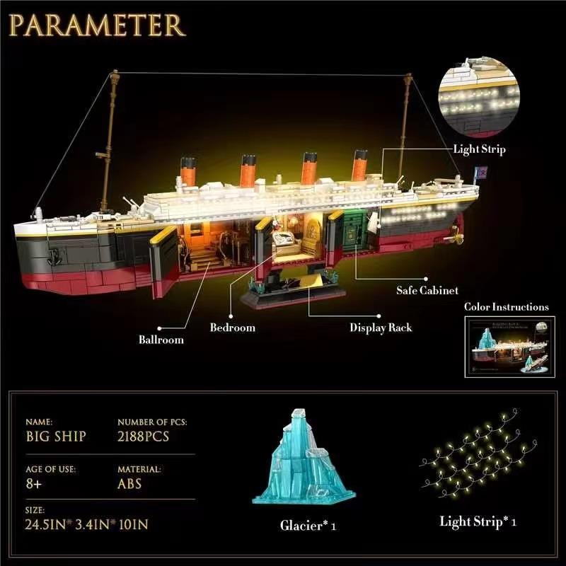 66010,2288 Pieces,Titanic Building Block Set,Glacier design and glowing light strip,Giant Ship Collecting Building and Gifting Model,Birthday Gift and Home Decoration,For aged 12 and above,Stress relief toy game fan