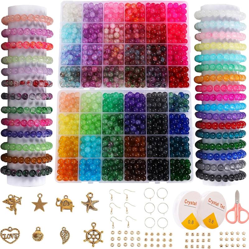 Glass Beads for Jewelry Making, 1280 count + 8mm 48 Colors Round Crystal Glass Beads Bracelet Making Kit, Bead Starter Kit for Christmas Holiday Gifts