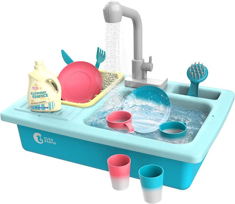 CUTE STONE Color Changing Kitchen Sink Toys Heat Sensitive Electric Dishwasher Playing Toy with Running Water, Automatic Water Cycle System