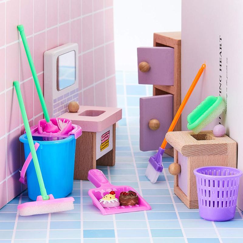 18 Pieces  mini cleaning toys, including miniature mop, dustpan, bucket and brush, suitable for children's play, as children's house furniture garden accessories toys. Toys for boys and girls