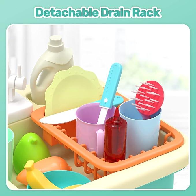 Play Kitchen Sink Toy, Green Electric Dishwasher Playing Toy with Running Water,Play Food & Tableware Accessories, Kitchen Set Toys, Role Play Sink Set