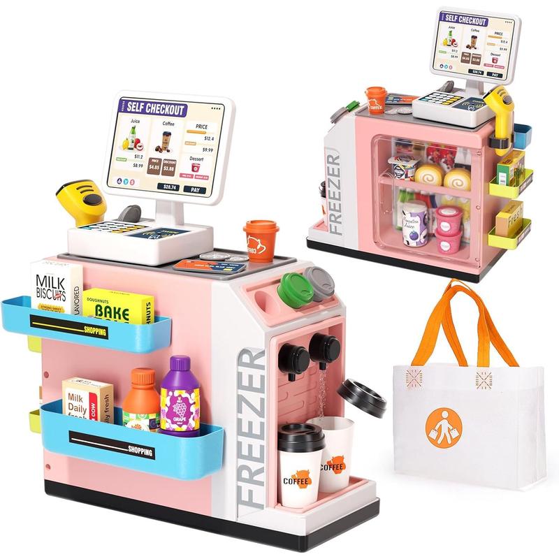 48-Piece Pretend Play Cash Register Toy Set with Water Outlet Function - Calculator, Shopping Bag, Scanners, Credit Cards, Coffee Machine, Play Food - Gift for Boys and Girls Ages 3+（Pink）