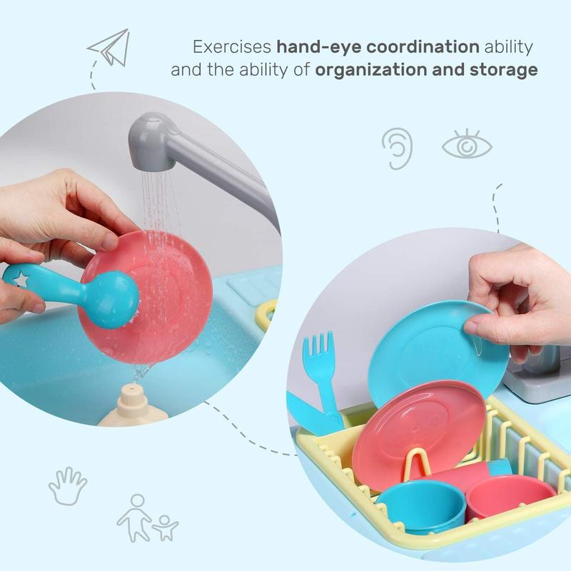 CUTE STONE Color Changing Kitchen Sink Toys Heat Sensitive Electric Dishwasher Playing Toy with Running Water, Automatic Water Cycle System