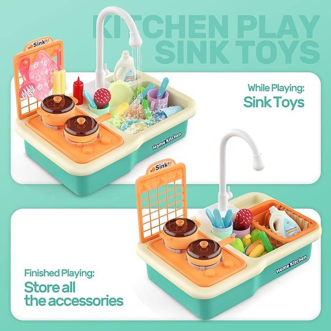 Play Kitchen Sink Toy, Green Electric Dishwasher Playing Toy with Running Water,Play Food & Tableware Accessories, Kitchen Set Toys, Role Play Sink Set