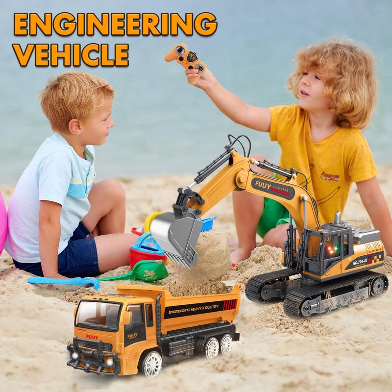 FUUY Remote Control Dump Truck Toy for Kids - Dual Battery, LED Headlights, 2.4GHz, 4-Wheel Drive, 360° Rotation, 45° Tilting Bed, All-Terrain Construction Vehicle for Sand, Stone, Lawn, and Road-Engineering Vehicle