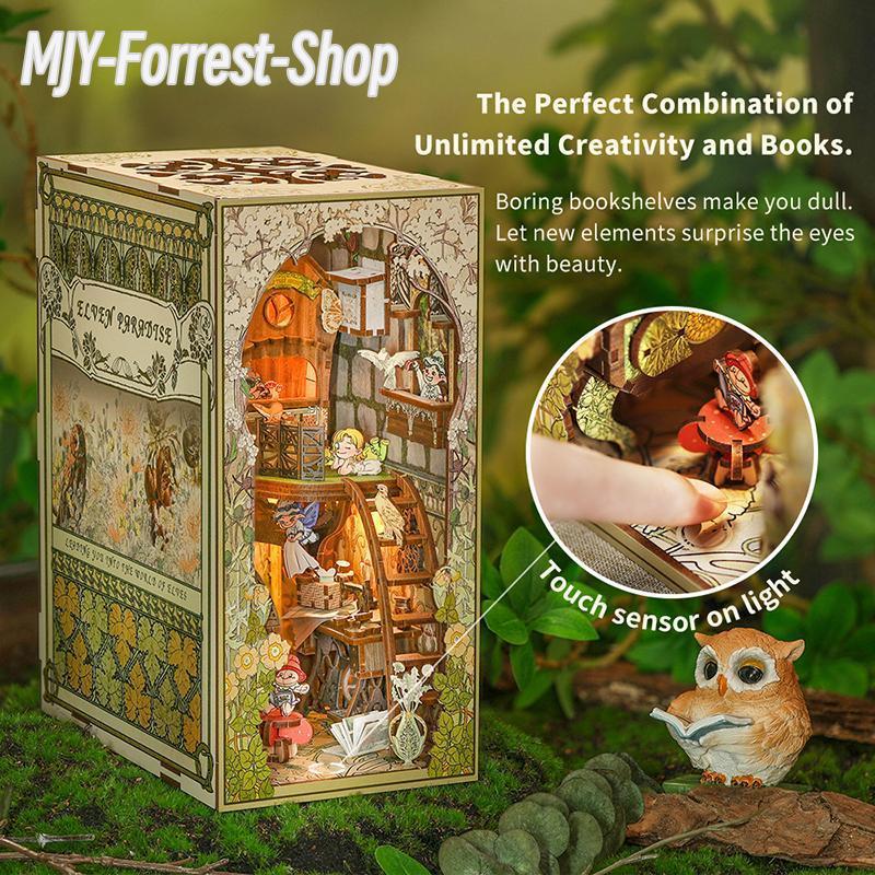 Elven Paradise Dollhouse - Gift Home Office - DIY Kit - 3D Wooden Puzzle. With LED Night Light. Handmade Craft. Charming Book Nook. Magical Decor.