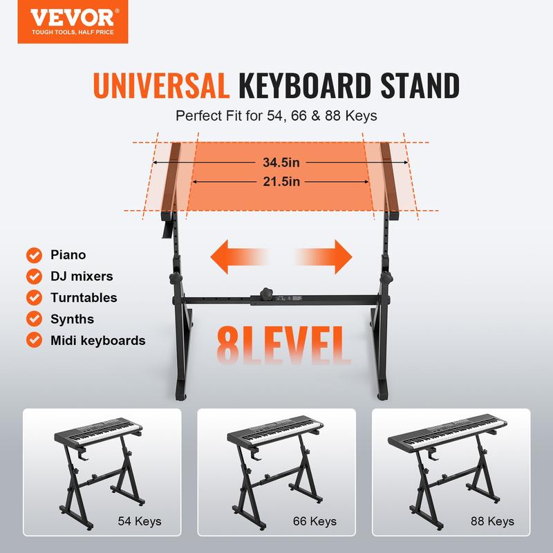 VEVOR Piano Keyboard Stand and Bench Set, Z Style, Heavy-Duty Digital Piano Music Stand and Seat, 250 lbs Capacity with Adjustable Piano Bench Width Height Wheels, Fits for 54-88 Key Electric Pianos