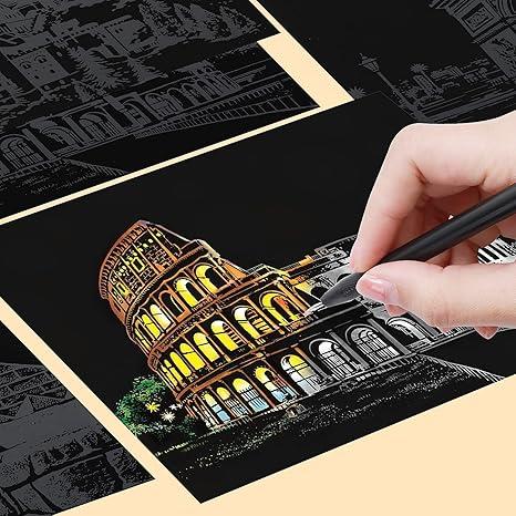 12 Sheets Scratch Painting, Sketch Pads DIY Art Craft City Series Night View Scratchboard for Adults and Kids, Craft Art Kits with 6 Tools-(7.8 X 5.5 Inches SIZE)