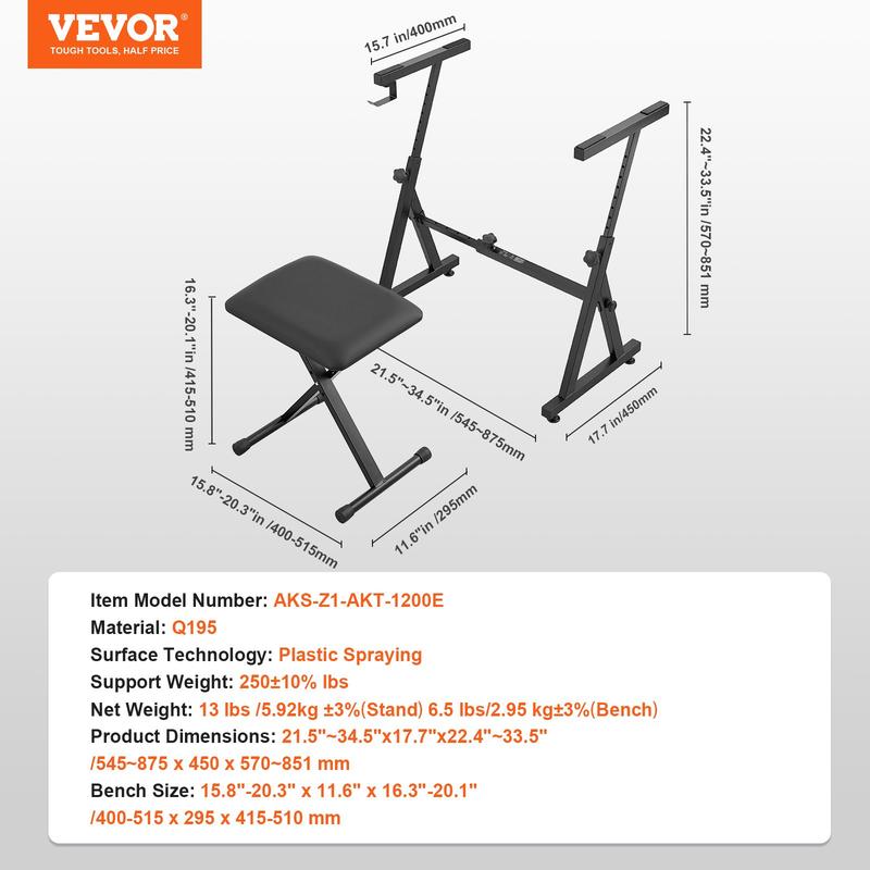 VEVOR Piano Keyboard Stand and Bench Set, Z Style, Heavy-Duty Digital Piano Music Stand and Seat, 250 lbs Capacity with Adjustable Piano Bench Width Height Wheels, Fits for 54-88 Key Electric Pianos