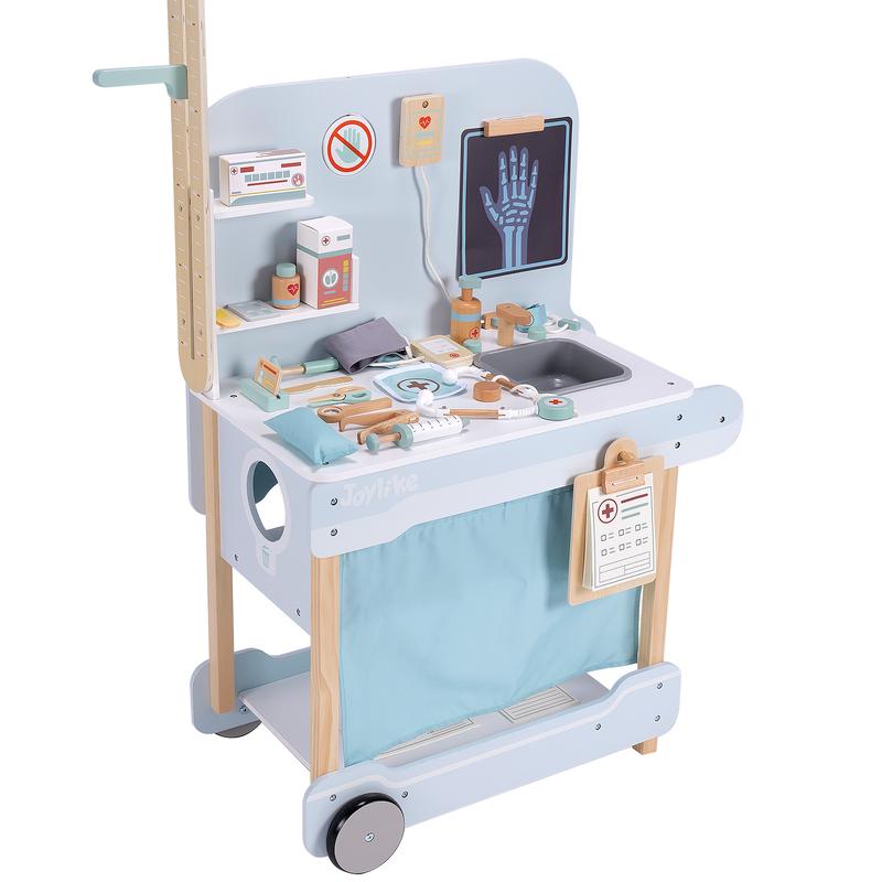 Joylike Wooden Medical Cart， Pretend Play Set Toy for Kids，With All Kinds of Wooden Medical Device