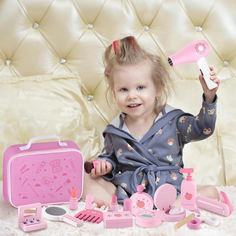 Christmas Wooden Makeup Toy Set Pretend Wood Beauty Hair Salon Toys for Girls with Styling Tools Christmas Birthday Gift