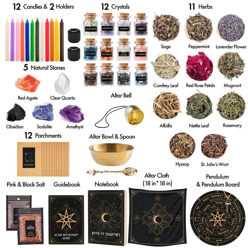 54 64 - Piece Witchcraft Supplies Kit for Altar - Beginner's Complete Spellcasting Set: Candles, Crystals & Essential Spell Guide