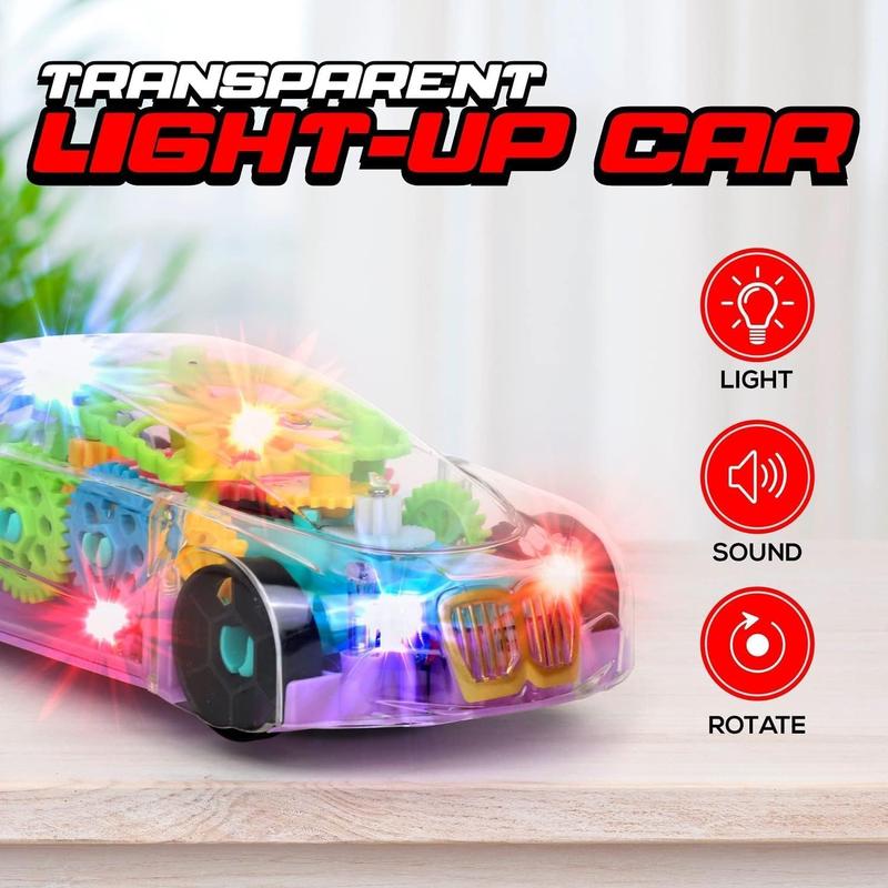 Light up Car, Sensory Transparent Toy for Kids, Toddlers - Bump and Go Racing Car with Moving Gears, Music, & LED Lights \u2013 Educational Vehicle for Kids with Autism, Special Needs \u2013 Fun Birthday Gift