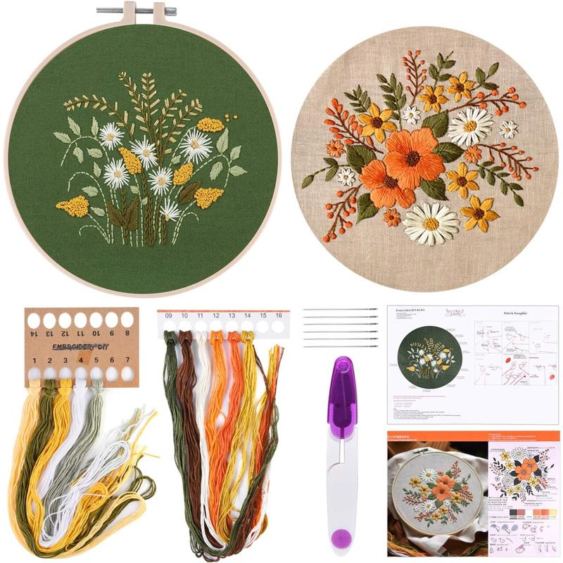 2 Sets Full Range Embroidery Starter Kit with Pattern and Instructions Cross Stitch Kit Includes 2 count Embroidery Clothes with Floral Pattern, 1 count Plastic Embroidery Hoops, 1 count Scissor