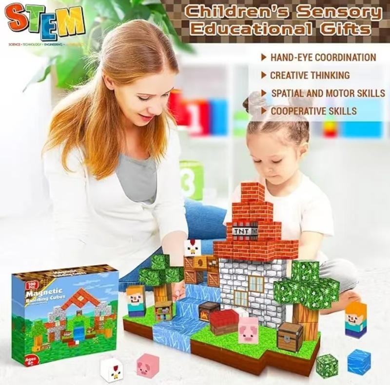 Magnetic Blocks-100PCS Magnetic Building Blocks Magnetic Tiles Stacking, Build Mine Magnet World Set, STEM Montessori Sensory Toys magnet blocks,Safe Creativity Toddler Kids Toys, Preschool STEM Learning Toys for 3+ Year Old Boys and Girls,Christmas Gifts