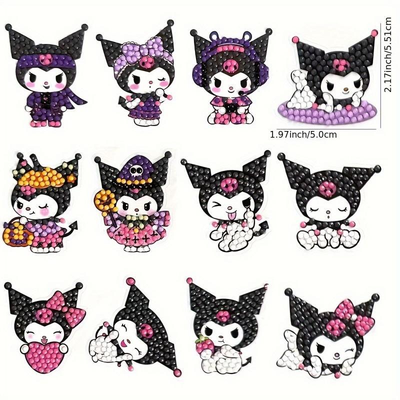 Kuromi Cartoon Anime Theme Diamond Arts Colorful Painting Sticker Kit, 12pcs set DIY Diamond Sticker Paint by Numbers Kit, DIY Cartoon Theme Sticker for Gift