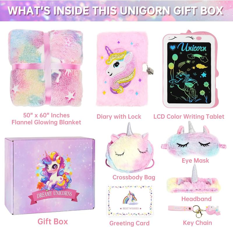 9 Pcs Unicorn Gifts for Girls Toys Christmas Birthday Gifts Kids Girls Age 3 4 5 6 7 8 9 12 with Glowing Blanket LCD Drawing Tablet, Unicorn Kids Girls Toys for Daughter, Niece, Granddaughter