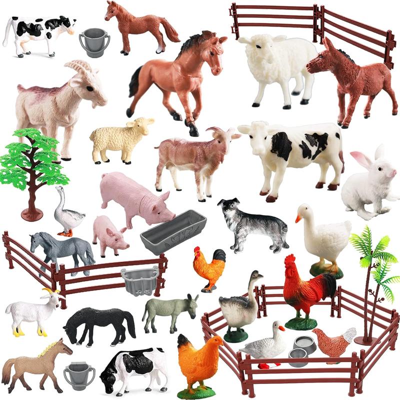 Realistic Farm Animal Figures Toys, 44 Pcs Plastic Farm Figurines Playset Includes Fences Mini Farm Animal Cake Topper Learning Toy Set for   s & Toddlers