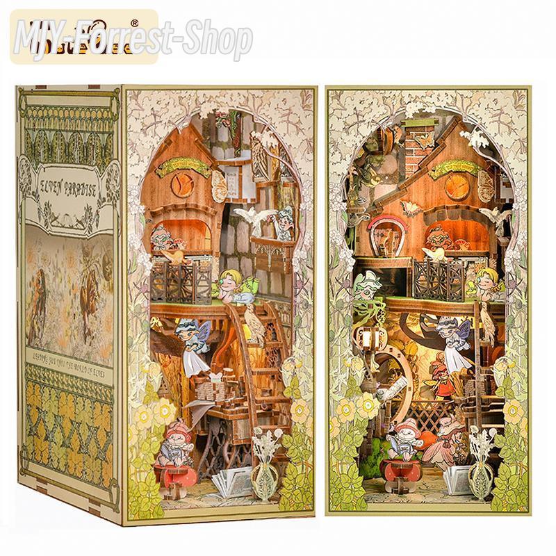 Elven Paradise Dollhouse - Gift Home Office - DIY Kit - 3D Wooden Puzzle. With LED Night Light. Handmade Craft. Charming Book Nook. Magical Decor.