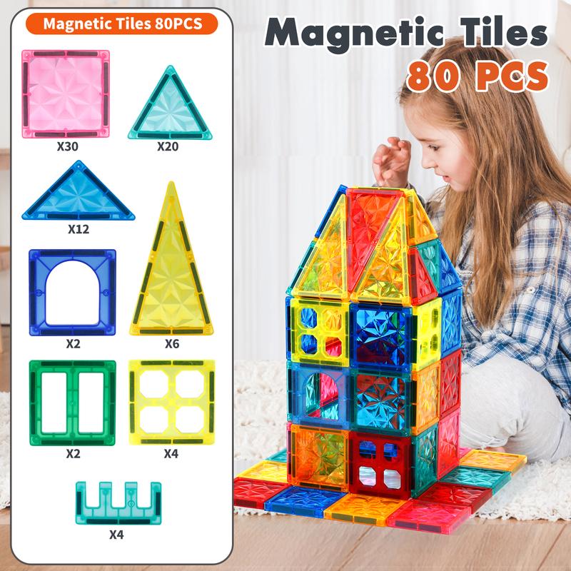 80 PCS Magnetic Tiles Building Blocks Toys for Kids - Educational Construction Blocks Magnet Toy