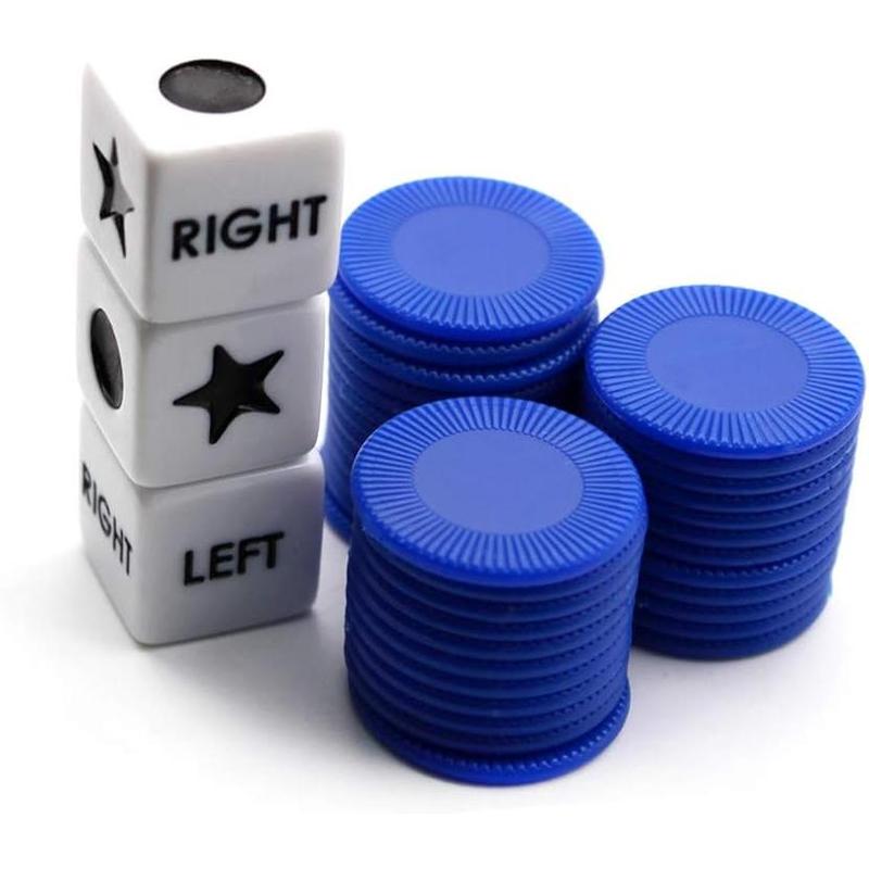 Left Right Center Dice Game Set with 3 Dices + 36 Blue Chips (Blue)