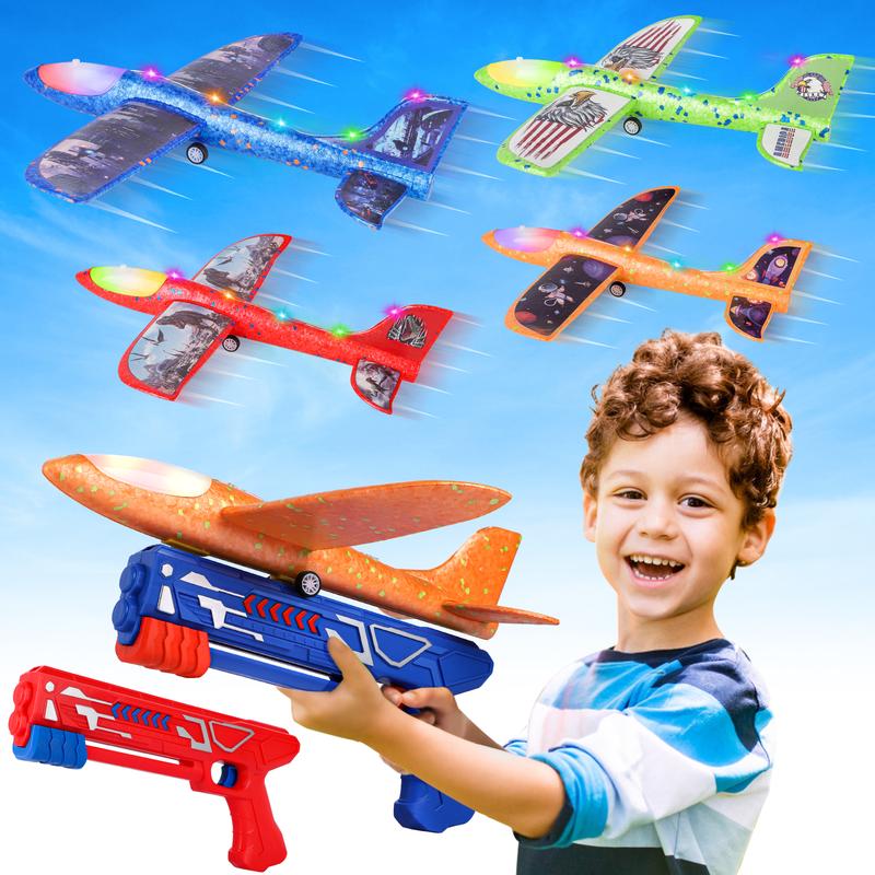 Fuwidvia 4 Pack Airplane Launcher Toys, 2 Flight Modes LED Foam Plane Toy, Outdoor Flying Toys Birthday Gifts for Boys Girl LED Foam Bubble Plane.