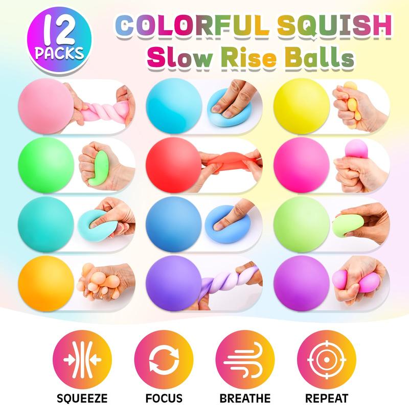 Slow Rising Stress Ball 12 Pack,Stress Balls for Kids Adults,Stretchy Squishy Fidget Toys for Stress Relief,Hand Therapy Sensory Squishy Ball, Squishy Toys for Kids, Classroom Prize Box Toys Brand: VISCOO