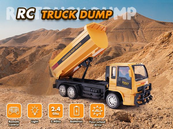 FUUY Remote Control Dump Truck Toy for Kids - Dual Battery, LED Headlights, 2.4GHz, 4-Wheel Drive, 360° Rotation, 45° Tilting Bed, All-Terrain Construction Vehicle for Sand, Stone, Lawn, and Road-Engineering Vehicle