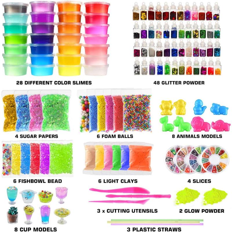 126 Pcs DIY Slime Making Kit for Girls Boys - Birthday Idea for Kids Age 5+. Ultimate Slime Supplies Include 28 Crystal Slime, 2 Glow in The Dark Powder, 48 Bottle Glitter Jar etc.